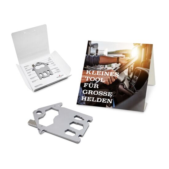 Key Tool in einem „Große Helden”-Mäppchen inkl. Funktionsbeschreibung. „An die Werkzeuge, fertig, los“!