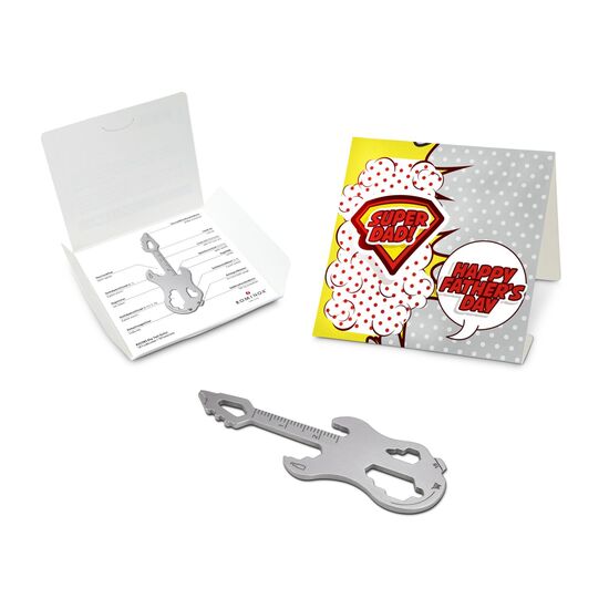 Key Tool in einem „Super Dad”-Mäppchen inkl. Funktionsbeschreibung. „An die Werkzeuge, fertig, los“!
