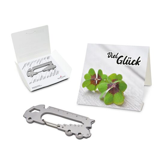 Key Tool in einem „Viel Glück”-Mäppchen inkl. Funktionsbeschreibung. „An die Werkzeuge, fertig, los“!