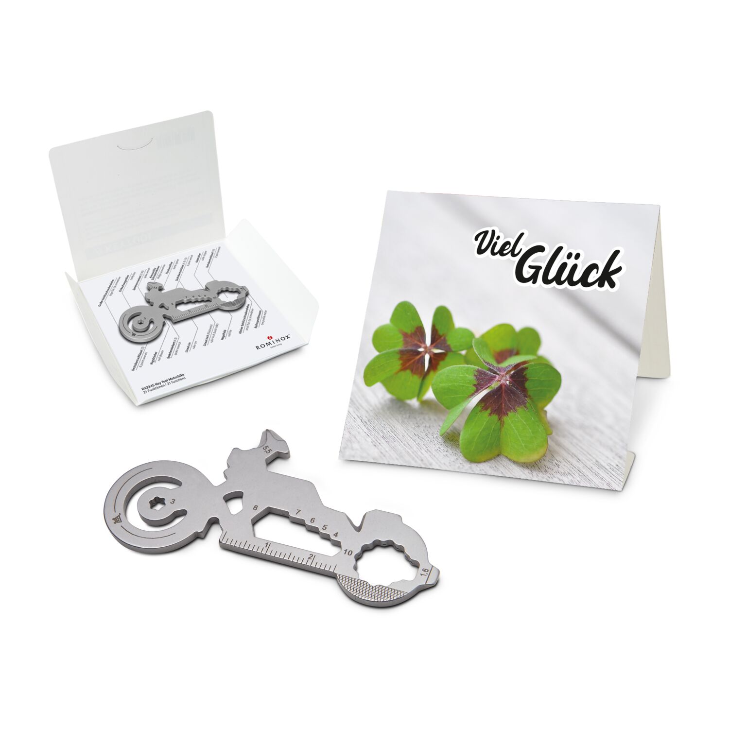 Key Tool in einem „Viel Glück”-Mäppchen inkl. Funktionsbeschreibung. „An die Werkzeuge, fertig, los“!