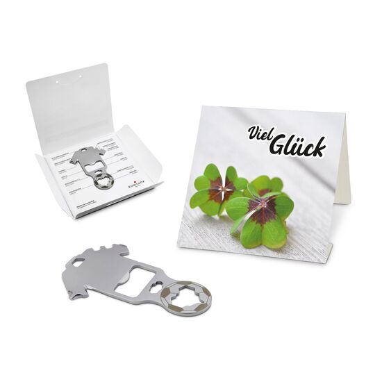Key Tool in einem „Viel Glück”-Mäppchen inkl. Funktionsbeschreibung. „An die Werkzeuge, fertig, los“!