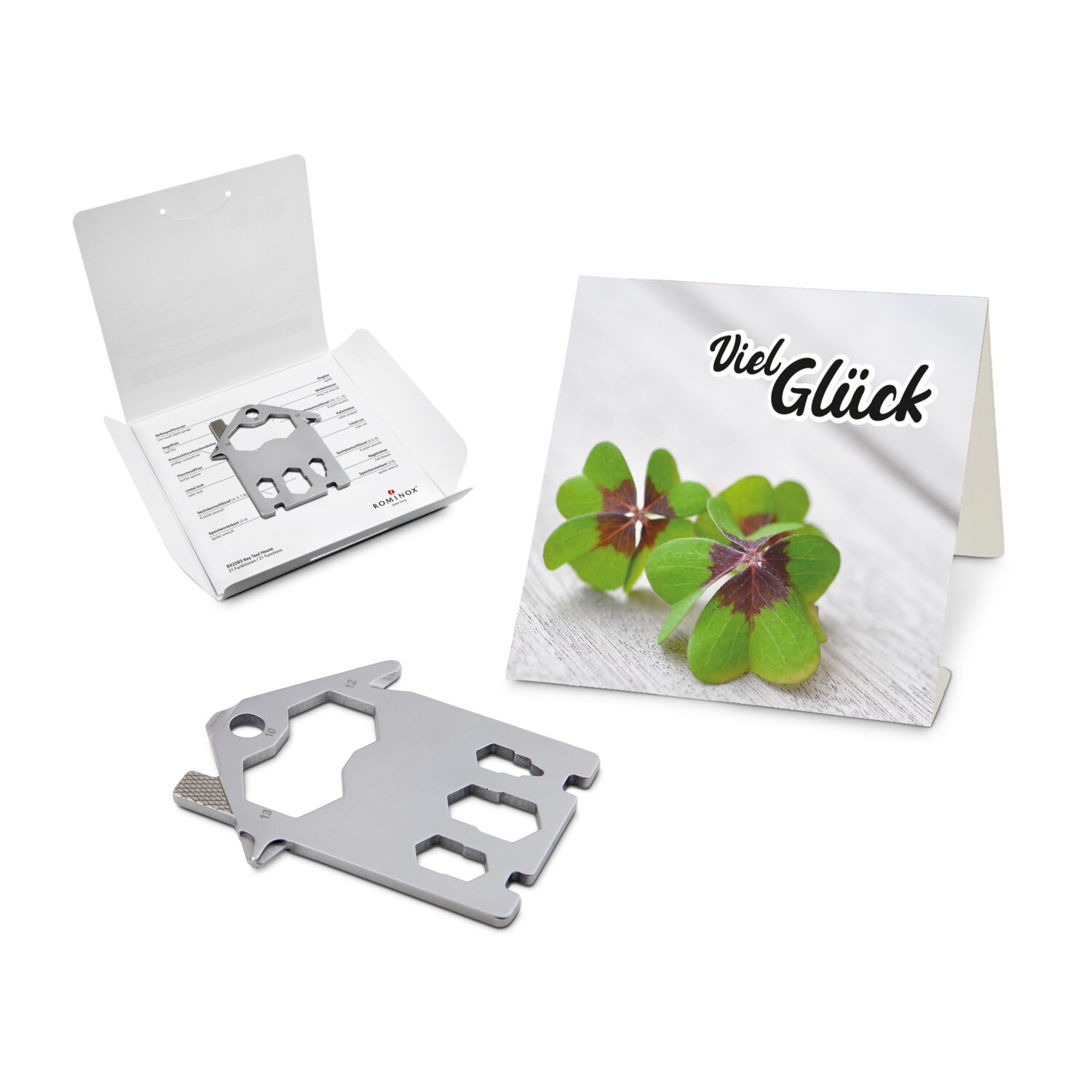 Key Tool in einem „Viel Glück”-Mäppchen inkl. Funktionsbeschreibung. „An die Werkzeuge, fertig, los“!