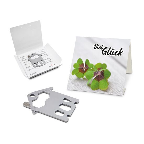 Key Tool in einem „Viel Glück”-Mäppchen inkl. Funktionsbeschreibung. „An die Werkzeuge, fertig, los“!