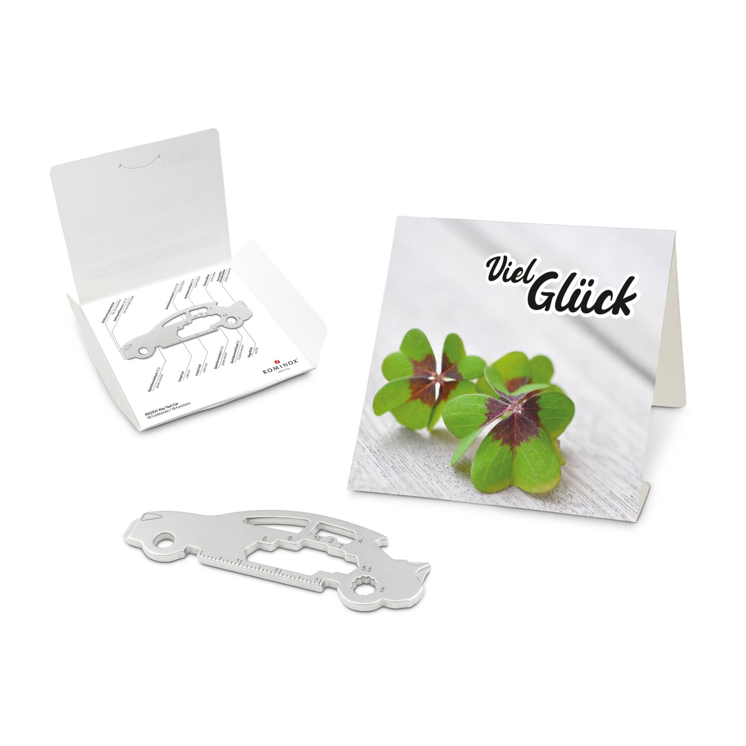 Key Tool in einem „Viel Glück”-Mäppchen inkl. Funktionsbeschreibung. „An die Werkzeuge, fertig, los“!