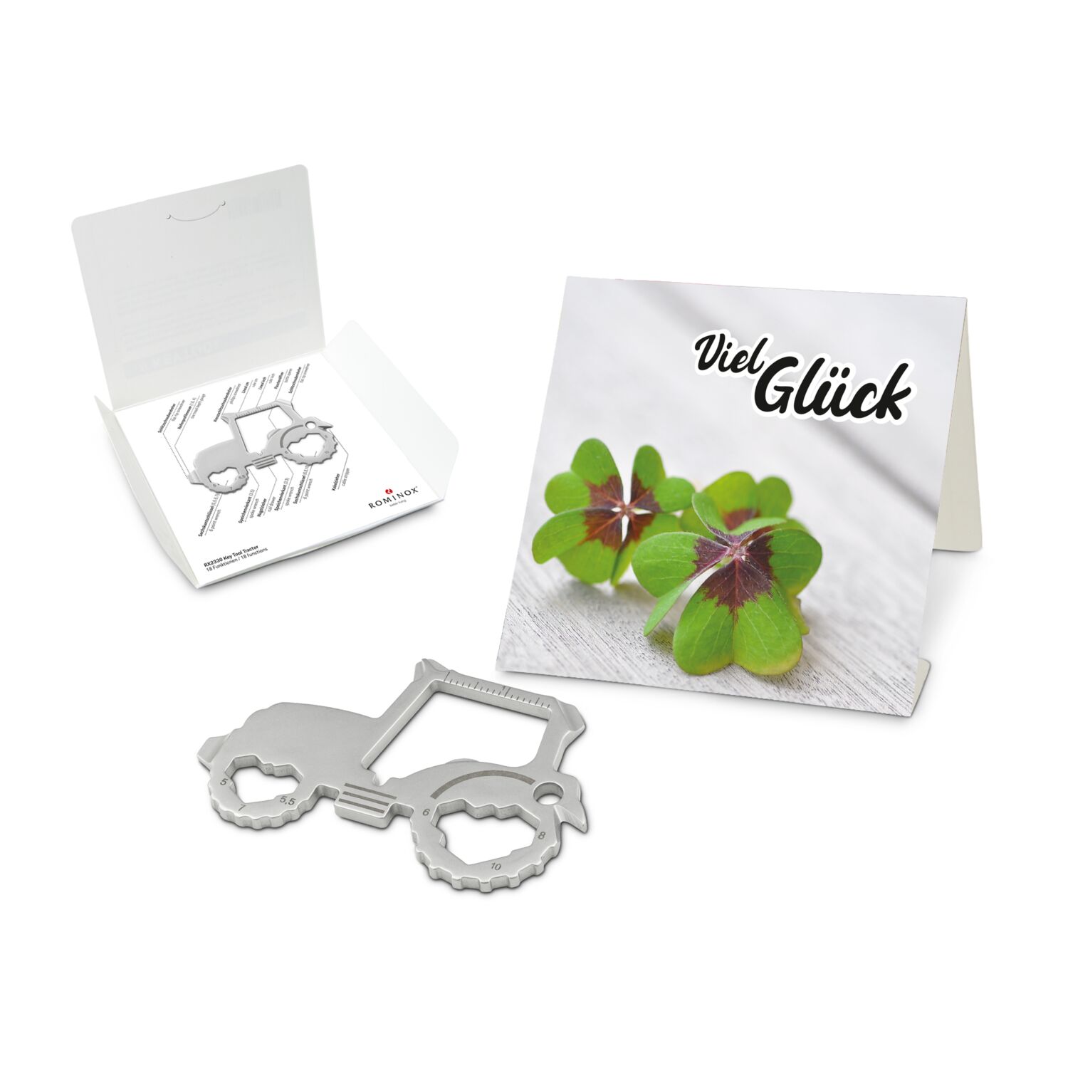 Key Tool in einem „Viel Glück”-Mäppchen inkl. Funktionsbeschreibung. „An die Werkzeuge, fertig, los“!
