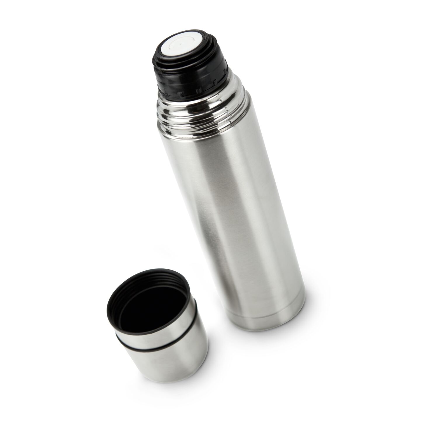 Elegante Isolierkanne in Silber, Drehverschluss mit Drucköffnung, integrierter Zweitbecher, 750 ml (Edelstahl, Kunststoff)