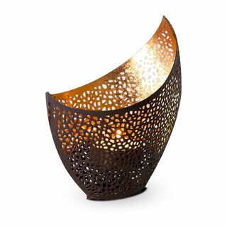Kunstvoll gestalteter Teelichthalter, goldene Lichteffekte (Metall - seidenmatt braun lackiert mit Goldfolienauskleidung)