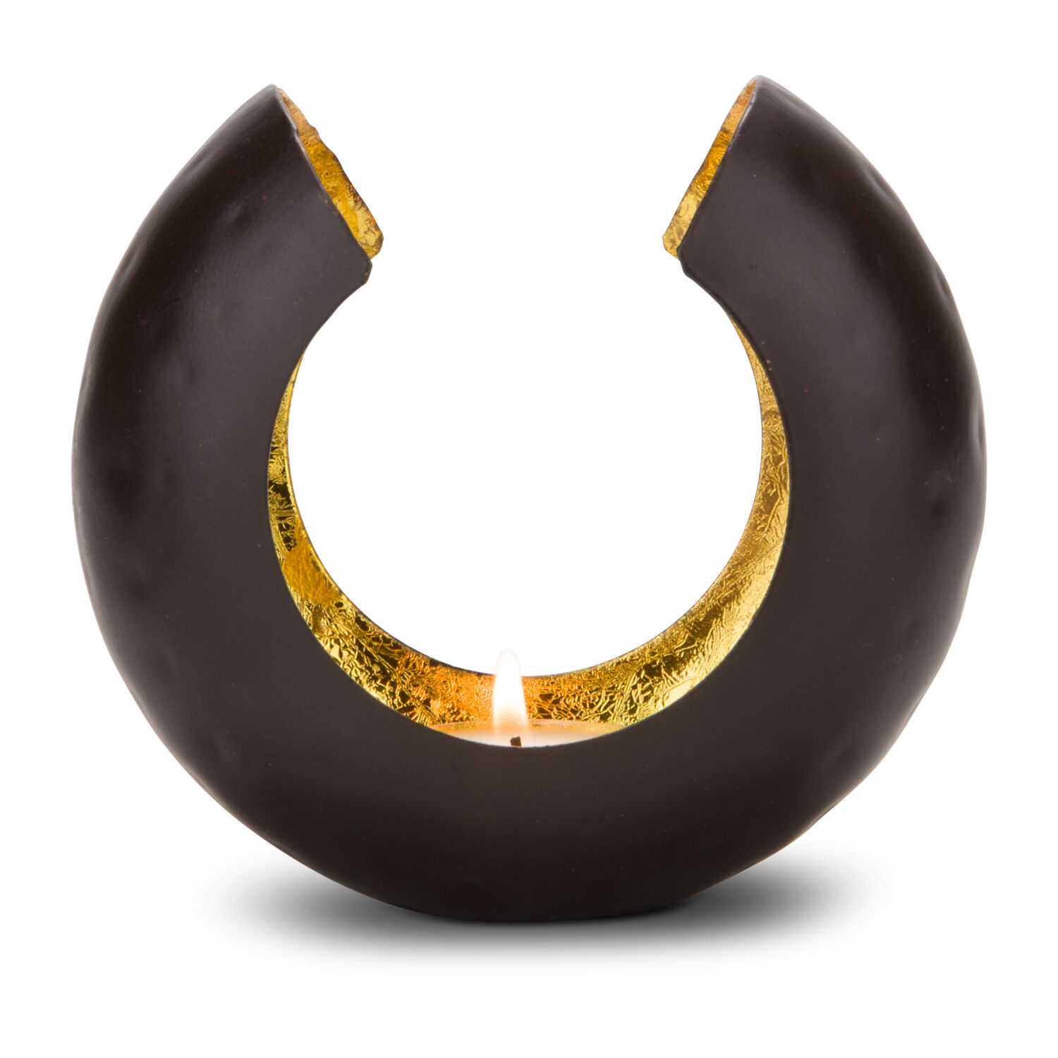 Wunderschön geformter Teelichthalter, strahlend goldener Kerzenschein (Metall - seidenmatt braun lackiert mit Goldfolienauskleidung)