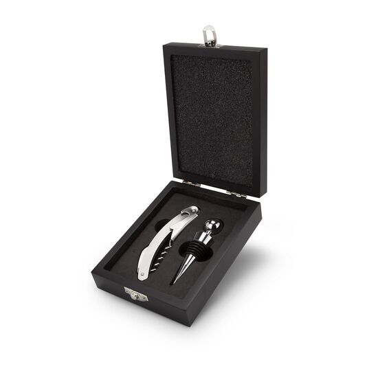 Klassische Grundausstattung für Weinliebhaber, schlichtes Sommeliermesser, exklusiver Flaschenverschluss, in hochwertiger Holzbox