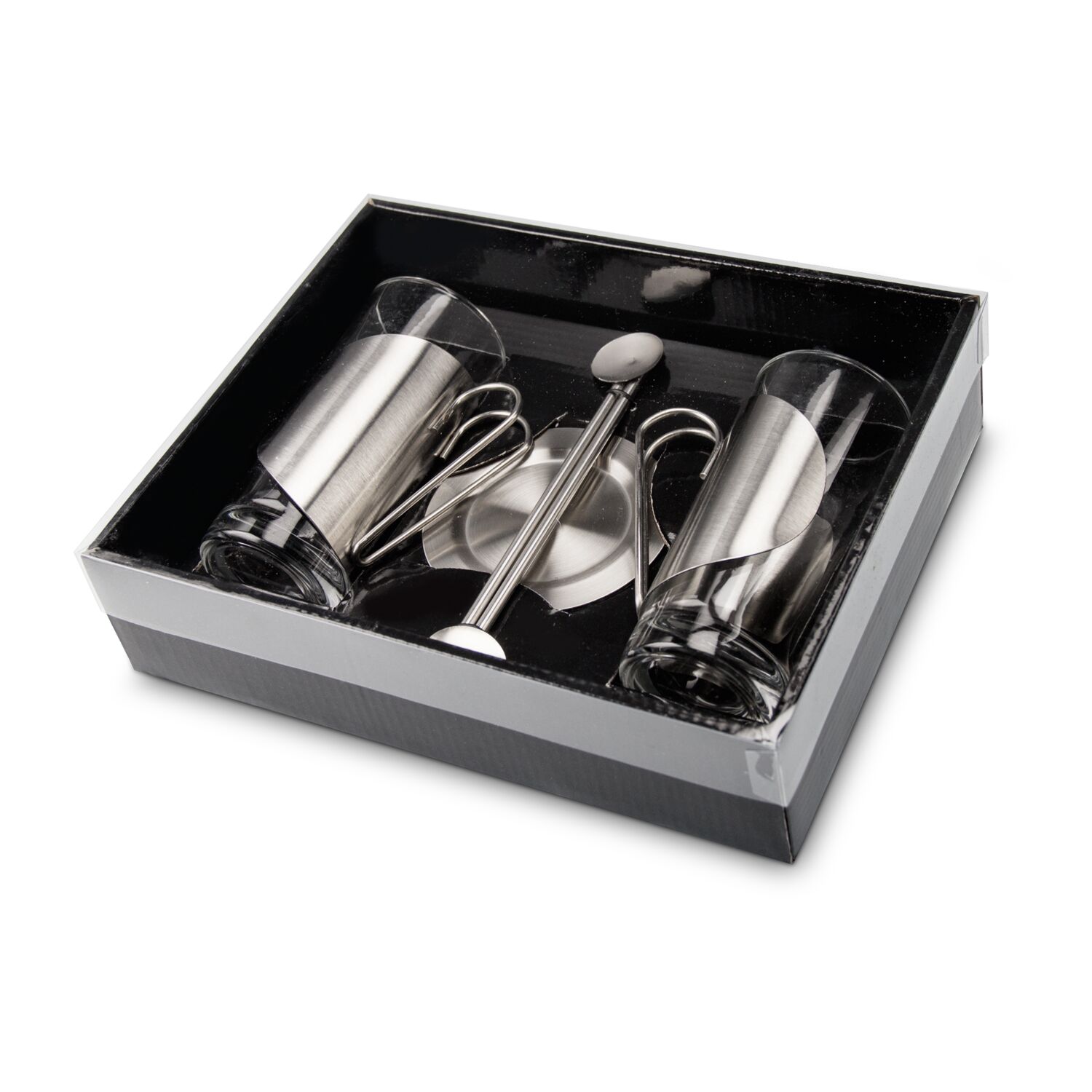 2 Teegläser mit klarer, linearer Formensprache, Untersetzer und Trinkhalmlöffel (hitzebeständiges Glas, Edelstahl)