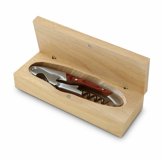 Hochwertig verarbeitetes Sommeliermesser, optimal verteilte Zugkraft, kontrastreiche Holz-Stahl-Kombination, in massive Holzbox