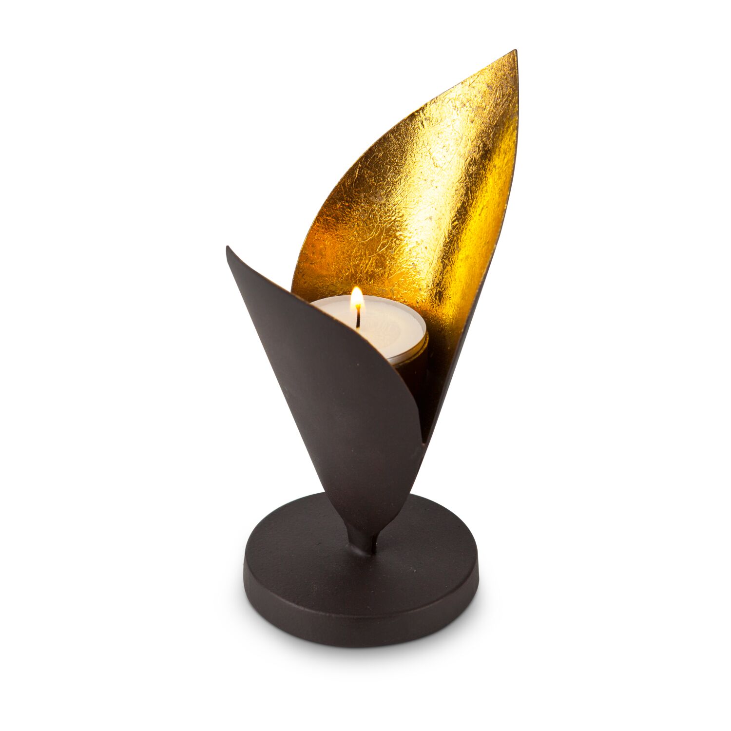 Teelichthalter in Blütenform, goldenes Licht für eine gemütliche Atmosphäre (Metall - seidenmatt braun lackiert mit Goldfolienauskleidung)