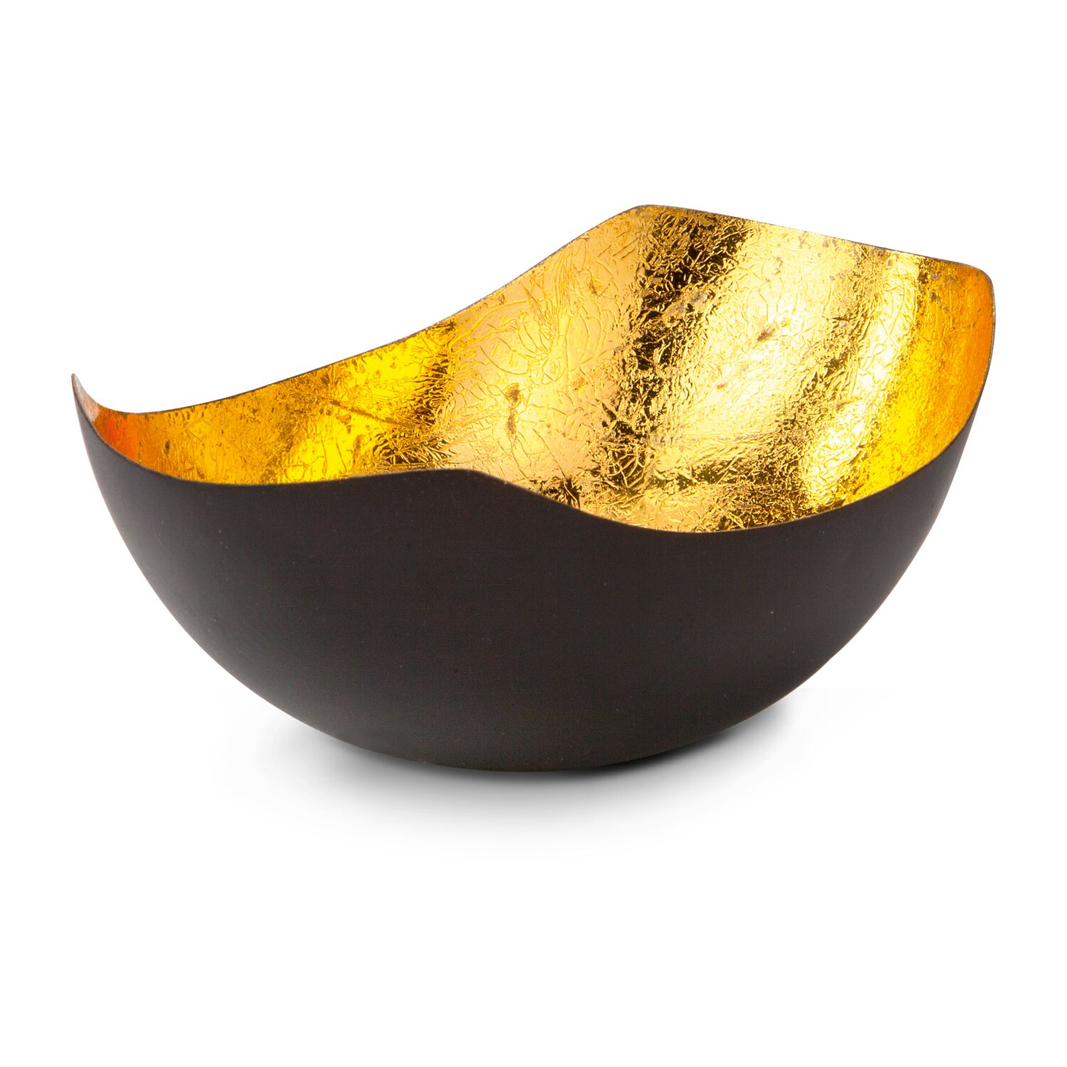 Dekorative Teelichtschale für gold-schimmerndes Kerzenlicht (Metall - seidenmatt braun lackiert mit Goldfolienauskleidung)