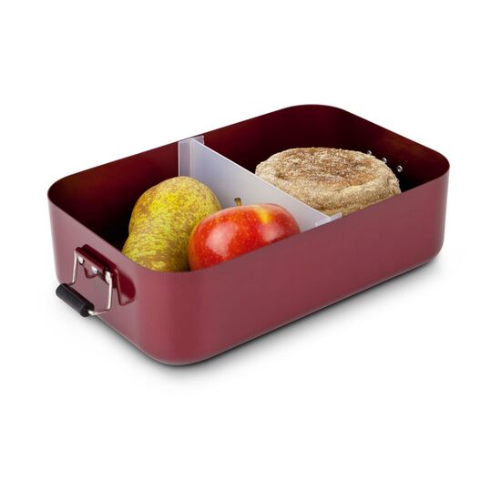 Lunchbox XL: Hygienisch verschließbare Proviantbox in Rot, Dichtungsring, glänzende Oberfläche, entnehmbares und verschiebbares Trennelement