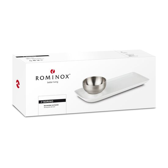 Funktional gestalteter Servierteller mit integrierter Schale aus Edelstahl - praktisch und unkonventionell (Porzellan, Edelstahl)