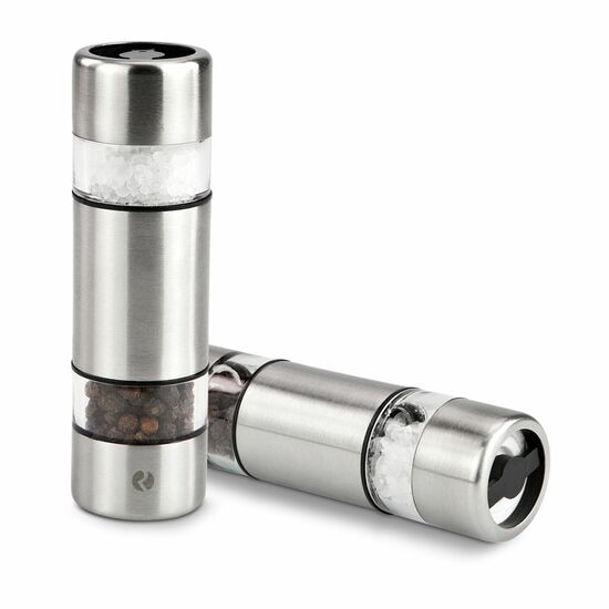Klein, fein und immer griffbereit, manuelle Mühle mit zwei getrennten Keramikmahlwerken für Salz und Pfeffer (Edelstahl - seidenmatt gebürstet, Keramik, Kunststoff)