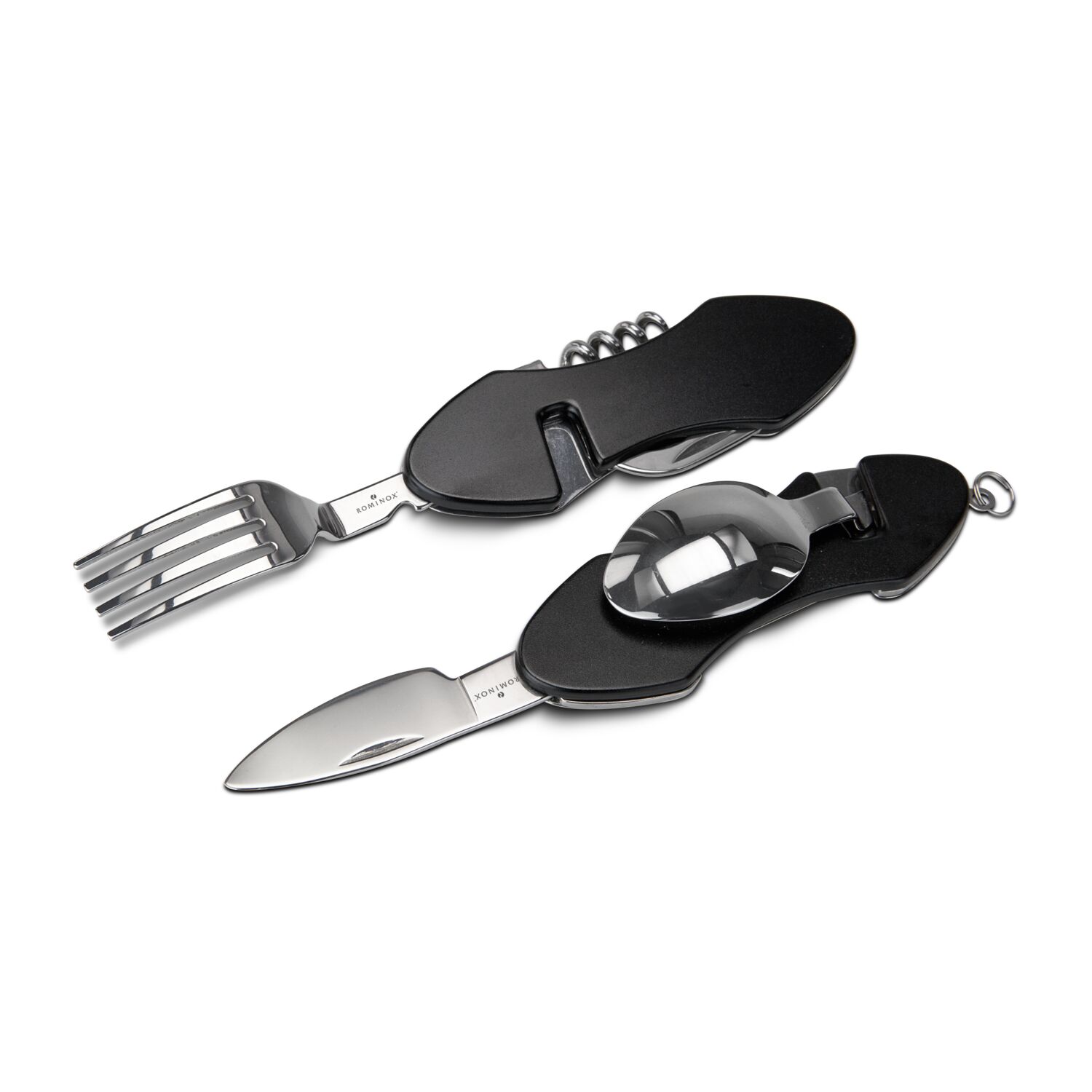 Praktisches Camping-Taschenmesser mit 6 Funktionen für unterwegs: Messer, Gabel, Löffel, Korkenzieher, Dosen- und Flaschenöffner