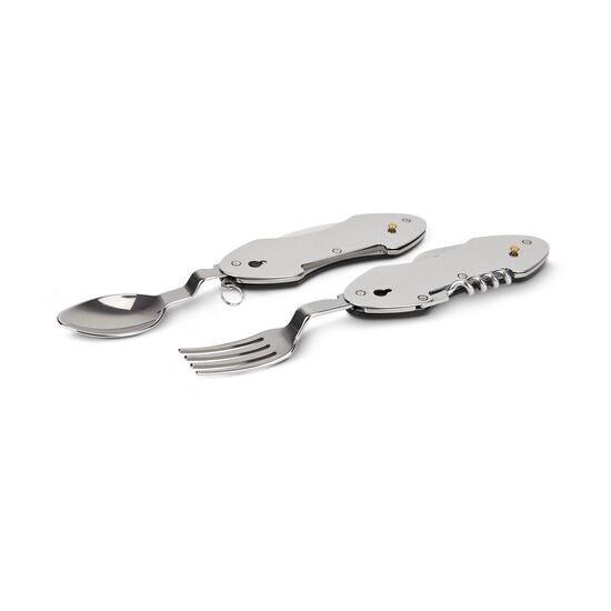 Praktisches Camping-Taschenmesser mit 6 Funktionen für unterwegs: Messer, Gabel, Löffel, Korkenzieher, Dosen- und Flaschenöffner