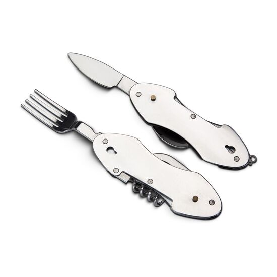 Praktisches Camping-Taschenmesser mit 6 Funktionen für unterwegs: Messer, Gabel, Löffel, Korkenzieher, Dosen- und Flaschenöffner