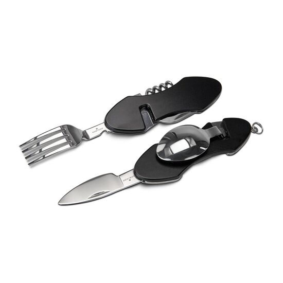 Praktisches Camping-Taschenmesser mit 6 Funktionen für unterwegs: Messer, Gabel, Löffel, Korkenzieher, Dosen- und Flaschenöffner