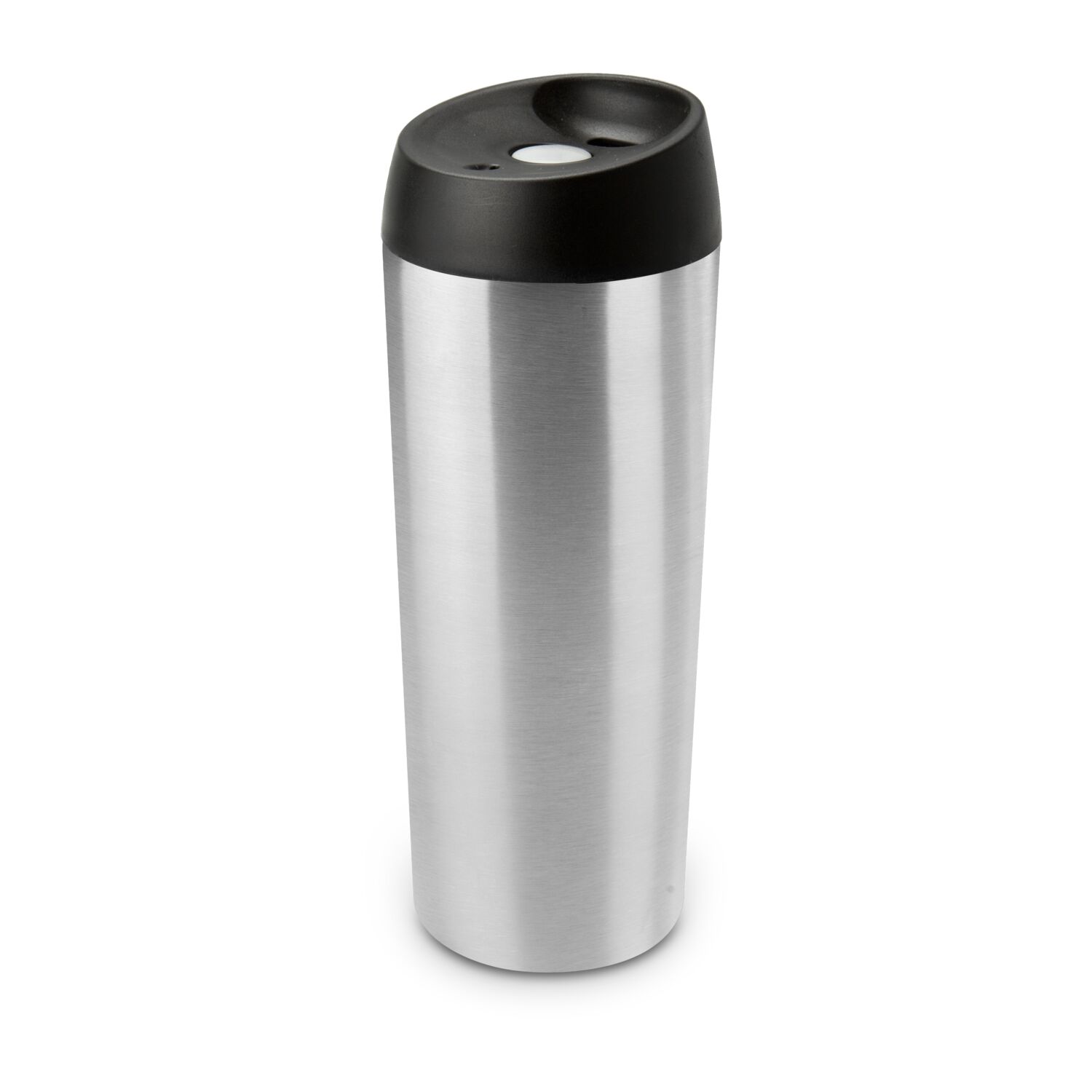 Praktischer Thermobecher in Silber - ergonomisches Design, leicht, stabil, dicht, isolierende Doppelwand, auf Knopfdruck trinkbereit, 500 ml