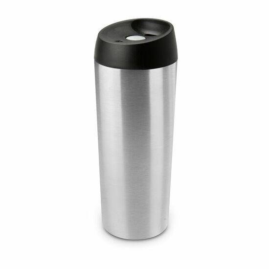Praktischer Thermobecher in Silber - ergonomisches Design, leicht, stabil, dicht, isolierende Doppelwand, auf Knopfdruck trinkbereit, 500 ml