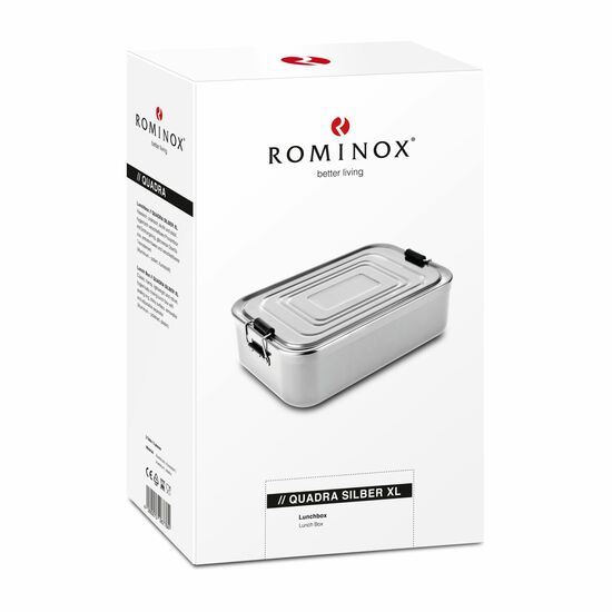 Lunchbox XL: Hygienisch verschließbare Proviantbox in Silber, Dichtungsring, glänzende Oberfläche, entnehmbares Trennelement