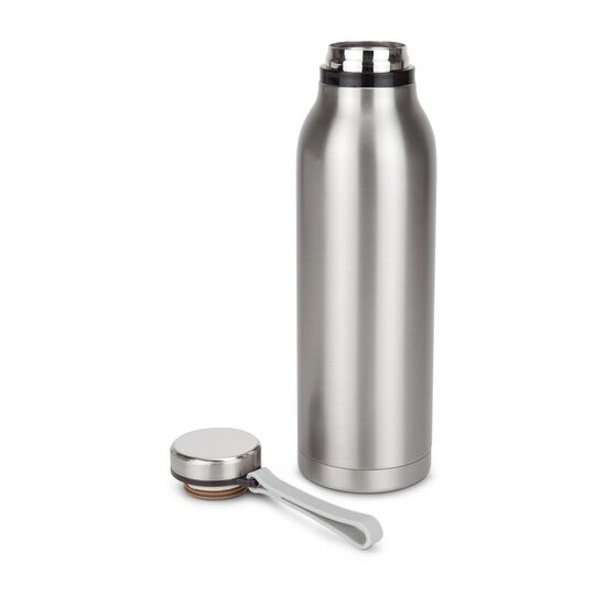 Handliche Thermoflasche in modernem Retrolook, auslaufsicher, mit Drehverschluss und Trageriemen, doppelwandig für beste Isolation, 600 ml