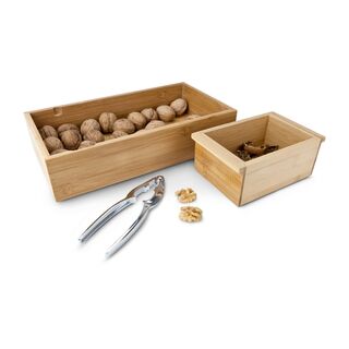 Nussknacker-Set: Metall-Nussknacker, zwei Holzschalen, Auflagefläche für Nussknacker, Reservoir für Nüsse, Restebehälter für Nussschalen