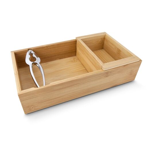 Nussknacker-Set: Metall-Nussknacker, zwei Holzschalen, Auflagefläche für Nussknacker, Reservoir für Nüsse, Restebehälter für Nussschalen