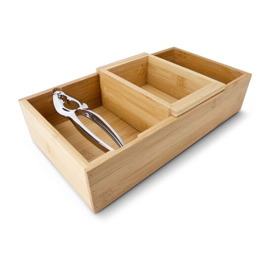 Nussknacker-Set: Metall-Nussknacker, zwei Holzschalen, Auflagefläche für Nussknacker, Reservoir für Nüsse, Restebehälter für Nussschalen