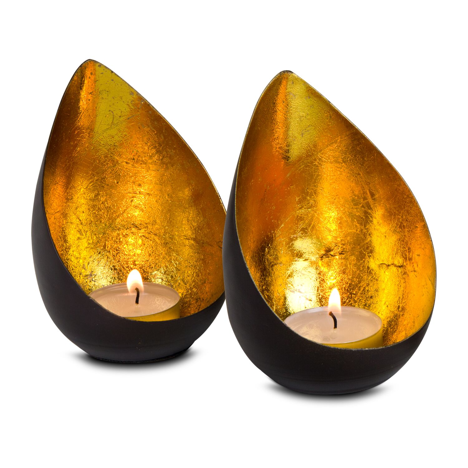 Zwei dekorative Teelichthalter als Set (Metall - seidenmatt braun lackiert, Goldfolienauskleidung, ohne Teelicht)