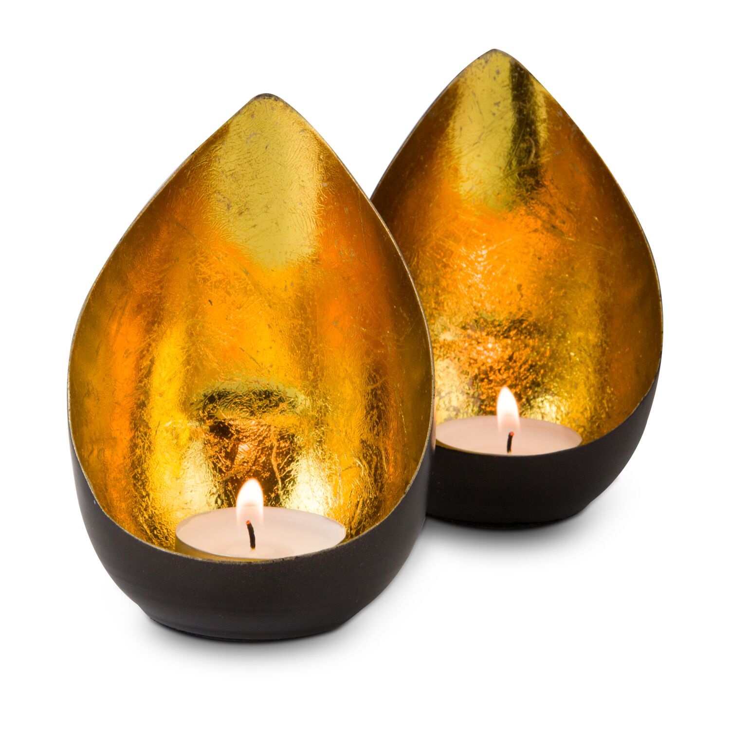 Zwei dekorative Teelichthalter als Set (Metall - seidenmatt braun lackiert, Goldfolienauskleidung, ohne Teelicht)