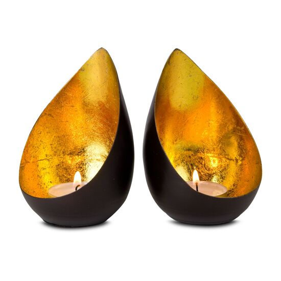 Zwei dekorative Teelichthalter als Set (Metall - seidenmatt braun lackiert, Goldfolienauskleidung, ohne Teelicht)