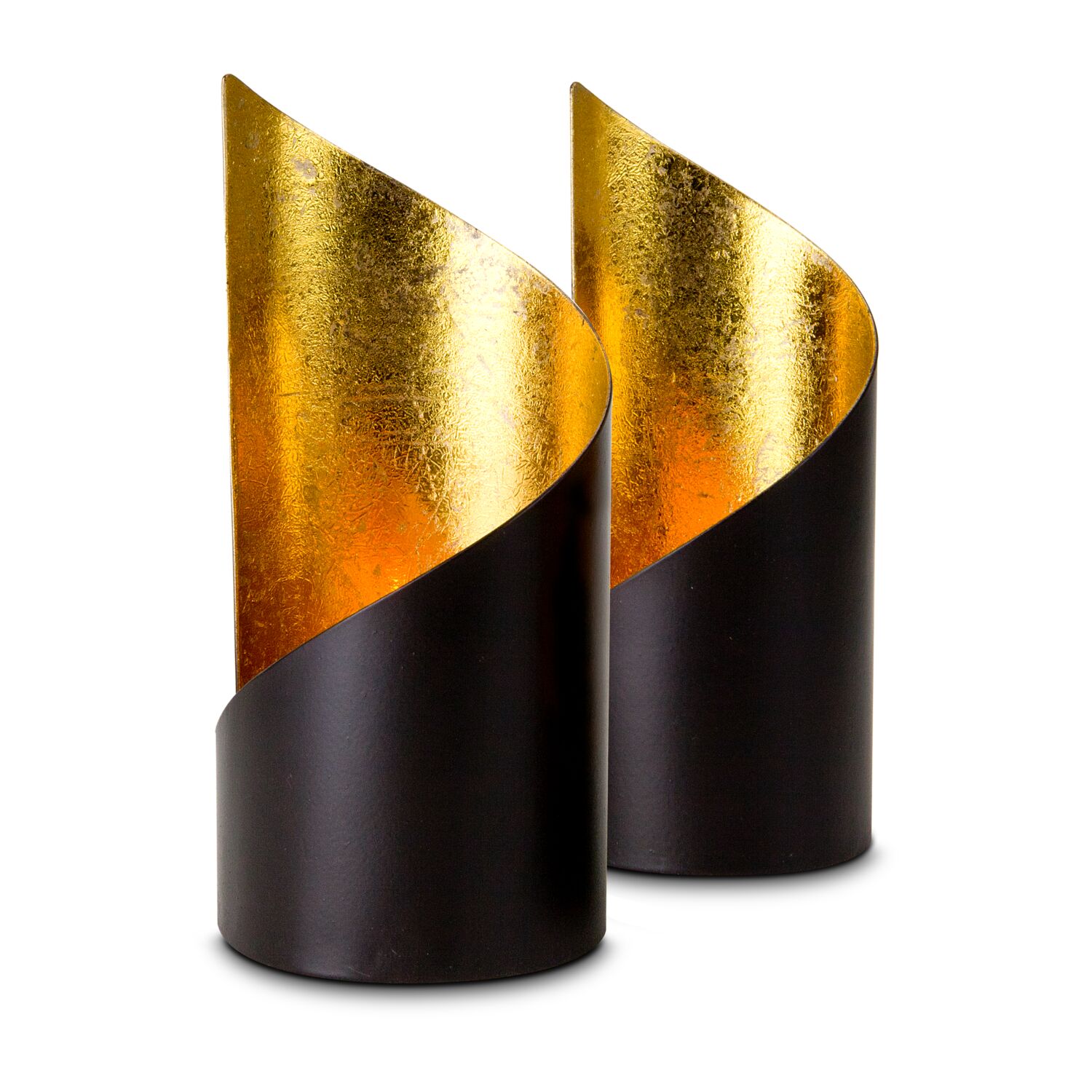 Zwei moderne Teelichthalter in zwei Größen, als Set (Metall - seidenmatt braun lackiert mit Goldfolienauskleidung, ohne Teelicht)