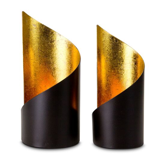 Zwei moderne Teelichthalter in zwei Größen, als Set (Metall - seidenmatt braun lackiert mit Goldfolienauskleidung, ohne Teelicht)