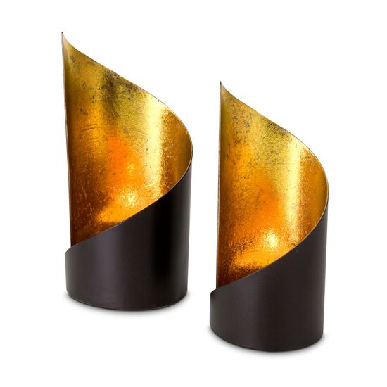 Zwei moderne Teelichthalter in zwei Größen, als Set (Metall - seidenmatt braun lackiert mit Goldfolienauskleidung, ohne Teelicht)
