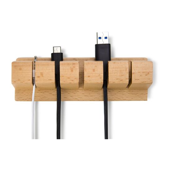 Praktischer Kabel-Organizer, 5 Halterungen in 3 Breiten inkl. Aussparung für die Anbringung des mitgelieferten Klebestreifens (Buchenholz)