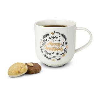 Henkelbecher (350 ml) aus Porzellan mit goldener Merry Christmas Aufschrift. Begleiter, der schnell zur „Lieblingstasse” wird (Porzellan)