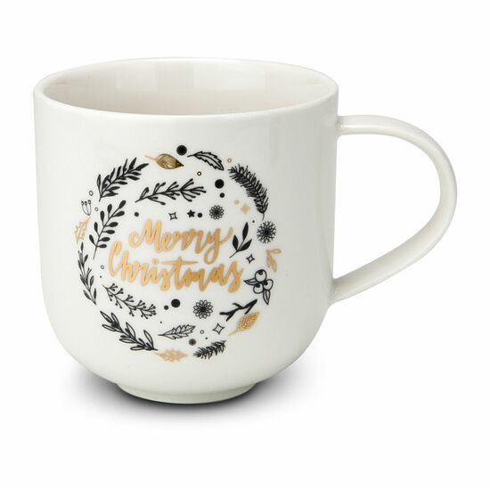 Henkelbecher (350 ml) aus Porzellan mit goldener Merry Christmas Aufschrift. Begleiter, der schnell zur „Lieblingstasse” wird (Porzellan)