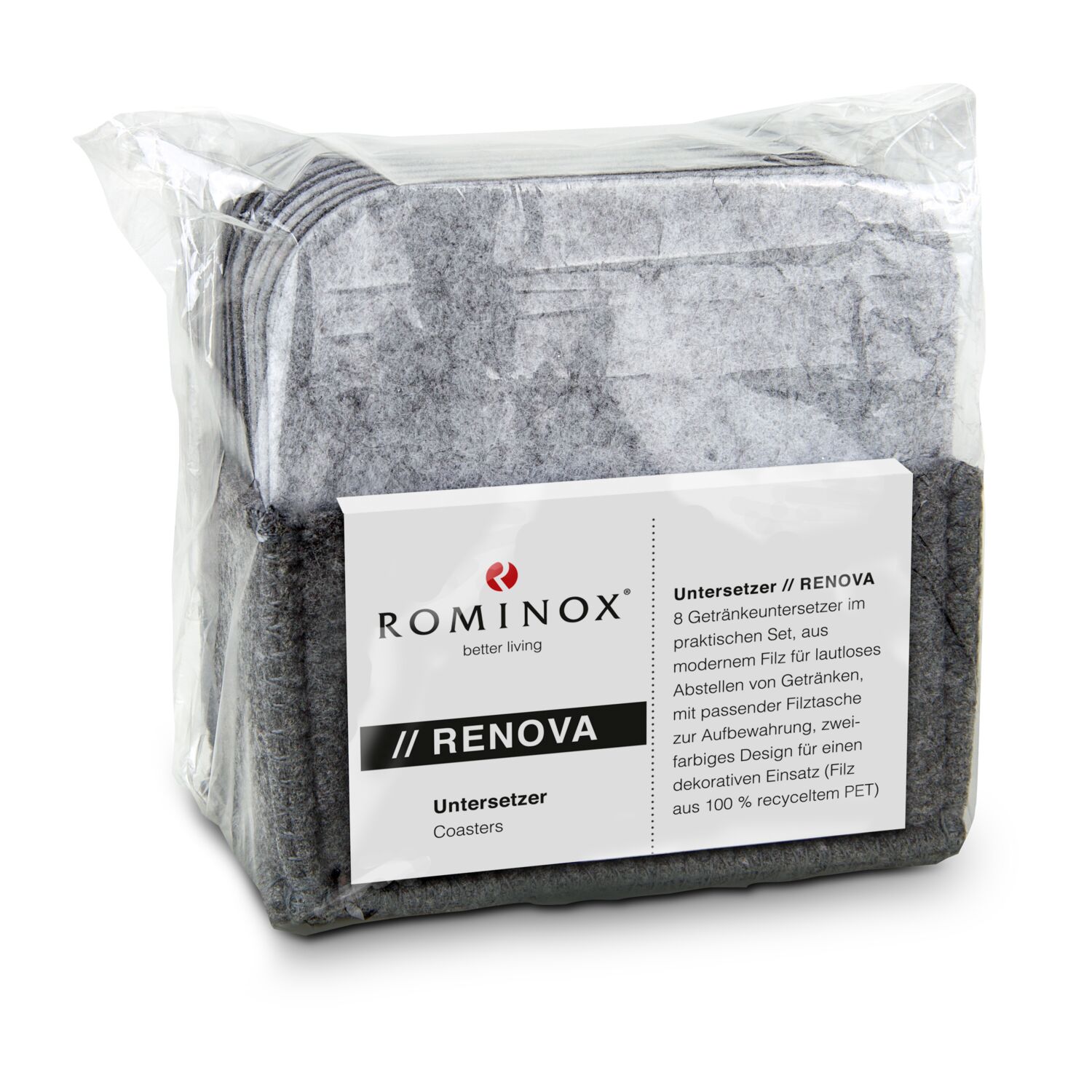 8 Getränkeuntersetzer im praktischen Set, aus modernem und nachhaltigem Filz für lautloses Abstellen von Getränken, zweifarbiges Design für einen dekorativen Einsatz, mit passender Filztasche zur Aufbewahrung