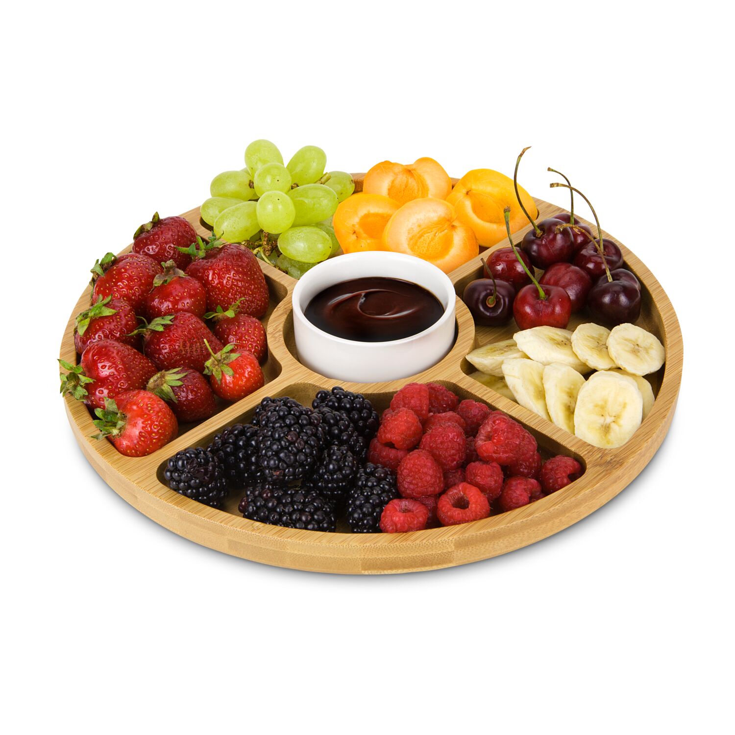 Großer runder Servierteller aus Bambus, mit Dipschälchen aus Keramik, praktische Unterteilung in 4 Snackfächer (Bambus, Keramik)