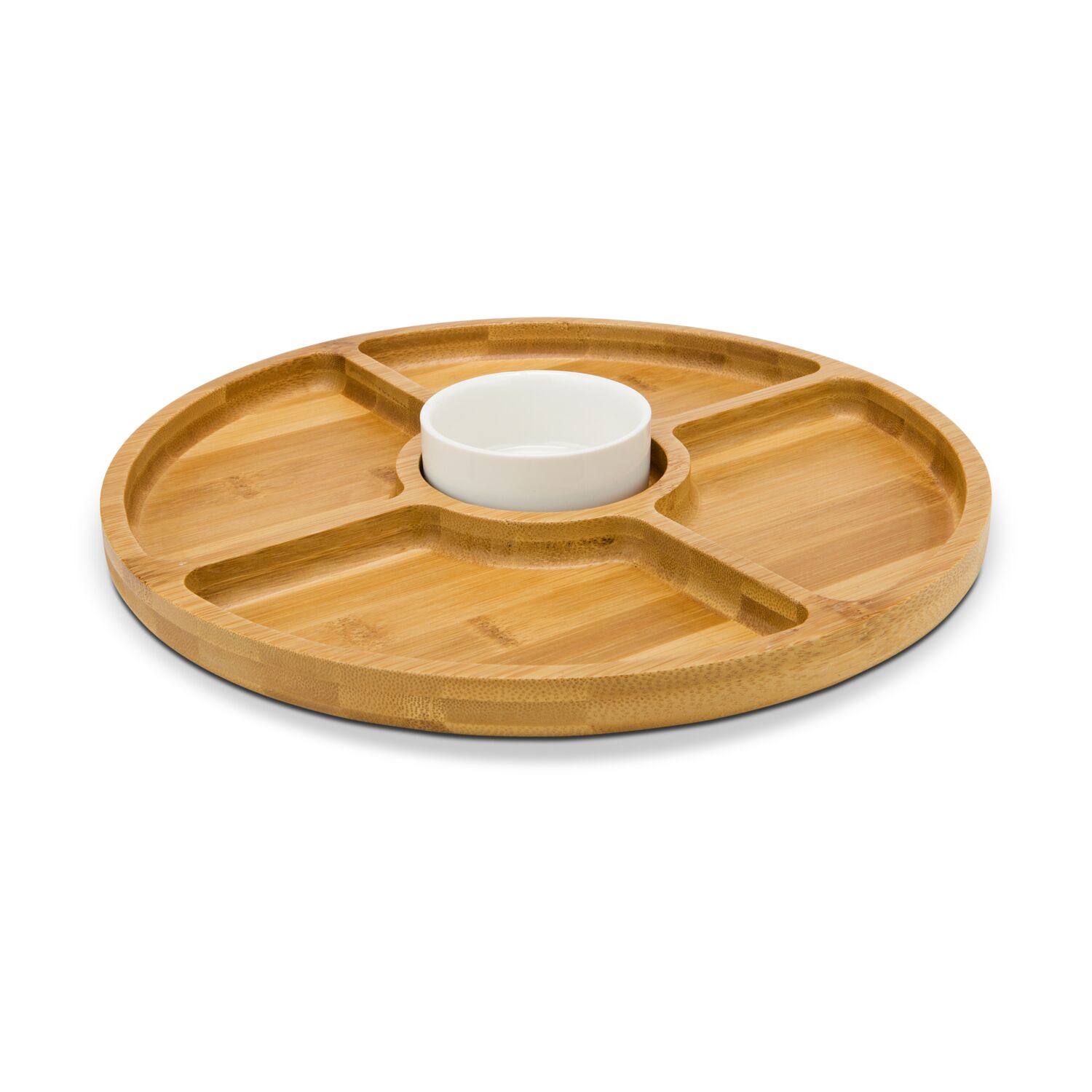 Großer runder Servierteller aus Bambus, mit Dipschälchen aus Keramik, praktische Unterteilung in 4 Snackfächer (Bambus, Keramik)