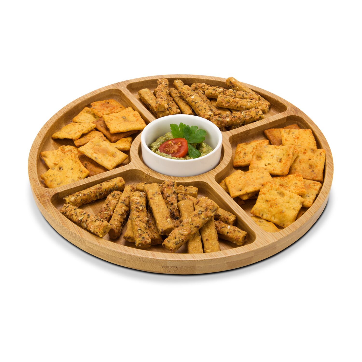 Großer runder Servierteller aus Bambus, mit Dipschälchen aus Keramik, praktische Unterteilung in 4 Snackfächer (Bambus, Keramik)