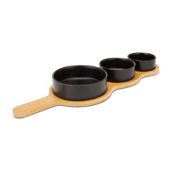 4-teiliges Servier-Set, 3 schwarzen Keramikschälchen und Bambusbrett mit praktischem Griff, Vertiefungen für besseren Halt (Bambus, Keramik)