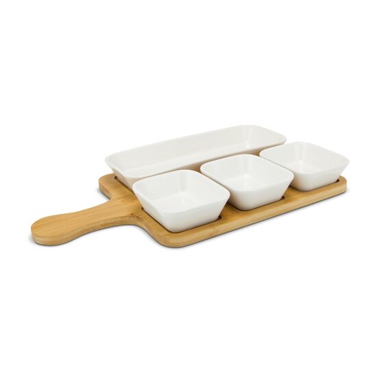 5-teiliges Servier-Set, 4 Keramikschälchen und Bambusbrett mit praktischem Griff, Vertiefungen für besseren Halt (Bambus, Keramik)