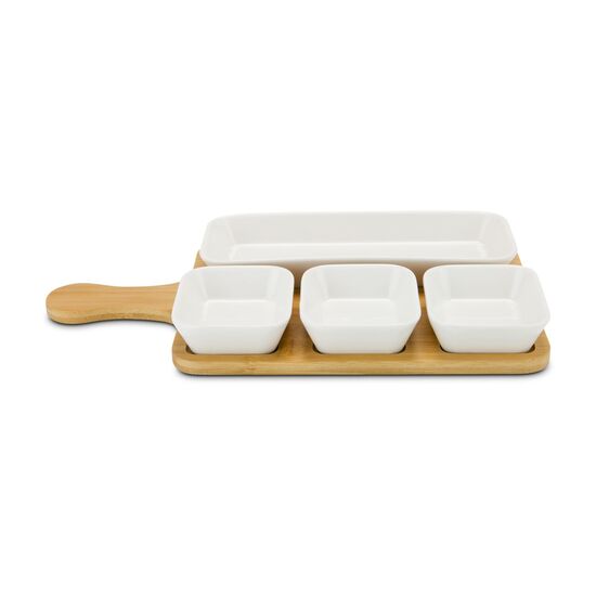 5-teiliges Servier-Set, 4 Keramikschälchen und Bambusbrett mit praktischem Griff, Vertiefungen für besseren Halt (Bambus, Keramik)