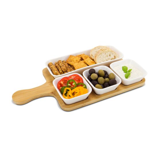 5-teiliges Servier-Set, 4 Keramikschälchen und Bambusbrett mit praktischem Griff, Vertiefungen für besseren Halt (Bambus, Keramik)