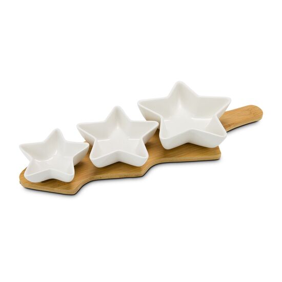 Servierschalen-Set im festlichen Stern-Design, 3 Keramikschälchen, Bambusbrett mit Griff, Vertiefungen für besseren Halt (Bambus, Keramik)