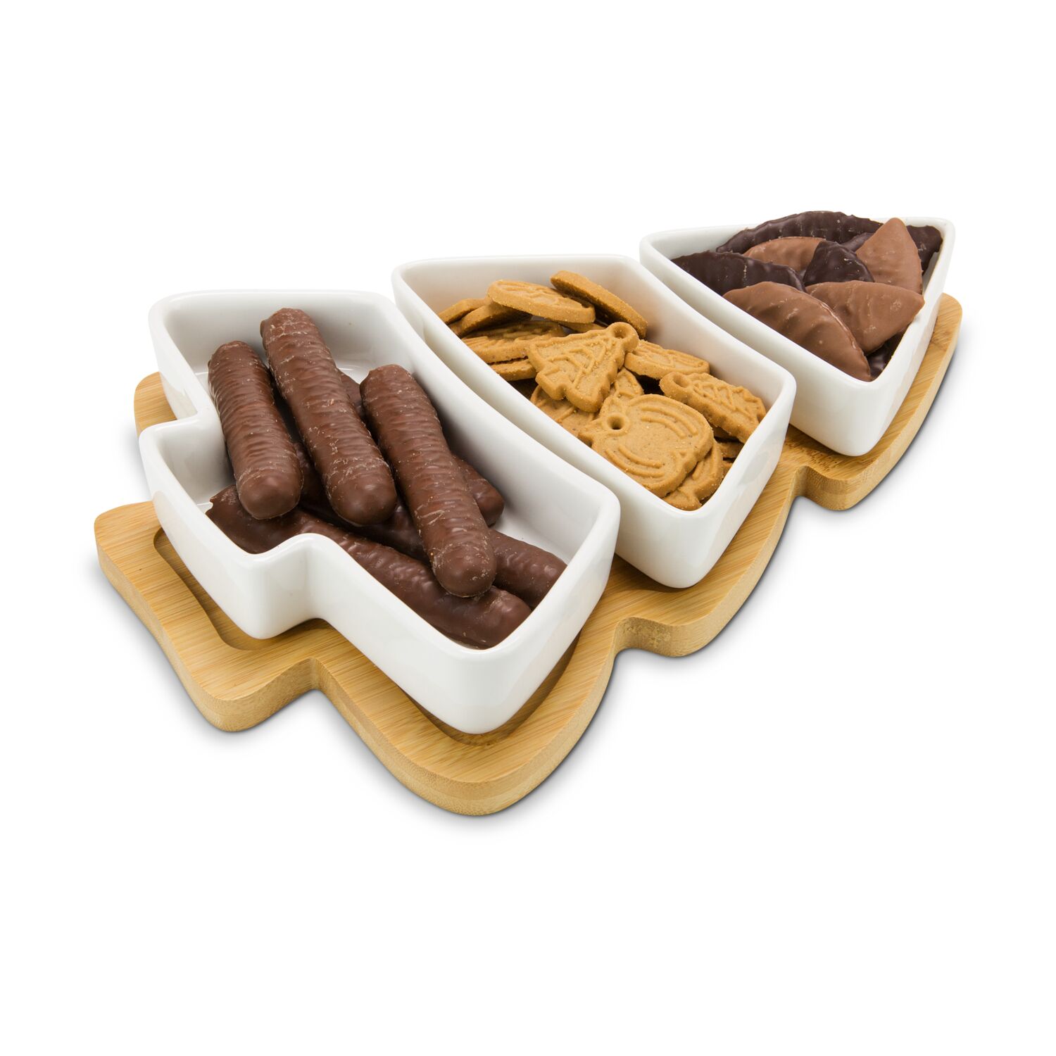 Servierschalen-Set in Tannenbaumform, 3 Keramikschälchen und Bambusbrett, eingelassene Vertiefungen für besseren Halt (Bambus, Keramik)